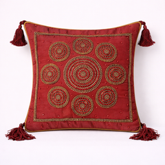Handcrafted Maroon Cushion Cover – 12"x12" | Circular Embroidered Motif | Tassel Accents | Premium Poly Cotton