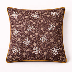 Hand Crafted Cushion Cover – Brown | 16"x16" | Poly Cotton | Floral Embroidered Sequin Design