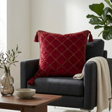 Hand Crafted Cushion Cover – Maroon | 16"x16" | Poly Cotton | Embroidered Geometric Pattern with Tassels