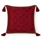Hand Crafted Cushion Cover – Maroon | 16"x16" | Poly Cotton | Embroidered Geometric Pattern with Tassels