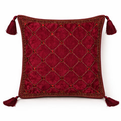 Hand Crafted Cushion Cover – Maroon | 16"x16" | Poly Cotton | Embroidered Geometric Pattern with Tassels
