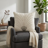 Hand Crafted Cushion Cover – White | 16"x16" | Poly Cotton | Embellished Fan Pattern Design