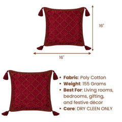 Hand Crafted Cushion Cover – Maroon | 16"x16" | Poly Cotton | Embroidered Geometric Pattern with Tassels