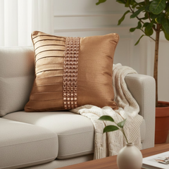 Hand Crafted Cushion Cover – Bronze | 16"x16" | Poly Cotton | Pleated Panel Design