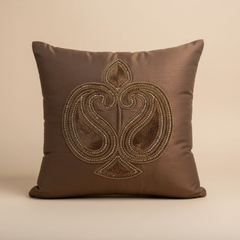 Handcrafted Brown Cushion Cover – 16"x16" | Traditional Embroidered Motif | Premium Poly Cotton