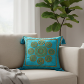 Handcrafted Turquoise Cushion Cover – 12"x12" | Circular Embroidered Motif | Tassel Accents | Premium Poly Cotton