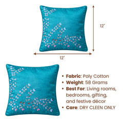 Hand Crafted Cushion Cover – Turquoise | 12"x12" | Poly Cotton Fabric | Embroidered Floral Vine Design