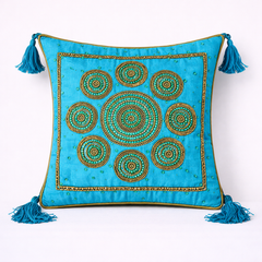 Handcrafted Turquoise Cushion Cover – 12"x12" | Circular Embroidered Motif | Tassel Accents | Premium Poly Cotton