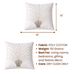 Hand Crafted Cushion Cover – White | 16"x16" | Poly Cotton | Embellished Fan Pattern Design