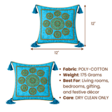 Handcrafted Turquoise Cushion Cover – 12"x12" | Circular Embroidered Motif | Tassel Accents | Premium Poly Cotton