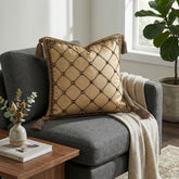 Hand Crafted Cushion Cover – Beige | 16"x16" | Poly Cotton | Embroidered Geometric Pattern with Tassels