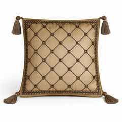 Hand Crafted Cushion Cover – Beige | 16"x16" | Poly Cotton | Embroidered Geometric Pattern with Tassels