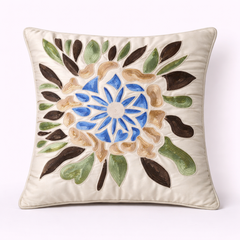 Handcrafted Cream Cushion Cover – 16"x16" | Floral Leaf Embroidered Design | Premium Poly Cotton