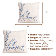 Hand Crafted Cushion Cover – White | 12"x12" | Poly Cotton Fabric | Embroidered Floral Vine Design