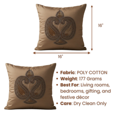 Handcrafted Light Brown Cushion Cover – 16"x16" | Traditional Embroidered Motif | Premium Poly Cotton