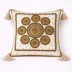 Handcrafted Cream Cushion Cover – 12"x12" | Circular Embroidered Motif | Tassel Accents | Premium Poly Cotton