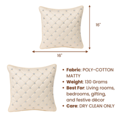 Handcrafted Tan Cushion Cover – 16"x16" | Premium Poly-Cotton Matty | Crystal-Studded Diamond Quilting | Warm Luxe Décor