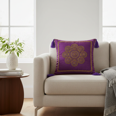 Handcrafted Purple Cushion Cover – 16"x16" | Royal Mandala Embroidery | Tassel Detailing | Premium Poly Cotton