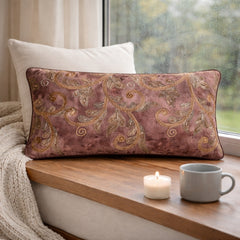Machine Crafted Bolster Cover – Brown | 20"x8" | Poly Chenille Fabric | Embroidered Floral Design