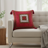 Handcrafted Red Cushion Cover – 16"x16" | Square Embellished Design with Tassels | Premium Poly Cotton