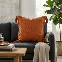 Hand Crafted Cushion Cover – Orange | 16"x16" | Poly Cotton | Embroidered Geometric Pattern with Tassels