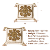 Handcrafted Cream Cushion Cover – 12"x12" | Circular Embroidered Motif | Tassel Accents | Premium Poly Cotton