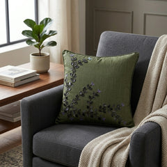 Hand Crafted Cushion Cover – Green | 12"x12" | Poly Cotton Fabric | Embroidered Floral Vine Design