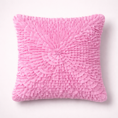 Fabric Crafted Cushion Cover – Pink | 12"x12" | Poly Cotton Foam | Circular Ruffle Design