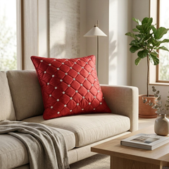 Hand Crafted Cushion Cover – Maroon | 16"x16" | Poly Cotton | Diamond Button Tufted Design