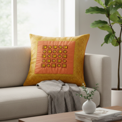 Hand Crafted Cushion Cover – Orange | 16"x16" | Poly Cotton | Geometric Embroidered Design