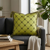 Hand Crafted Cushion Cover – Green | 16"x16" | Poly Cotton | Embroidered Diamond Pattern with Tassels