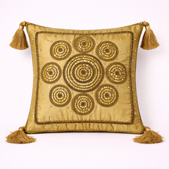 Handcrafted Gold Cushion Cover – 12"x12" | Circular Embroidered Motif | Tassel Accents | Premium Poly Cotton