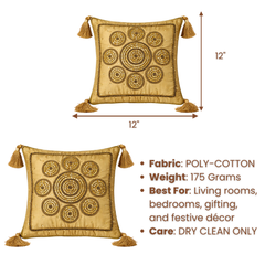 Handcrafted Gold Cushion Cover – 12"x12" | Circular Embroidered Motif | Tassel Accents | Premium Poly Cotton