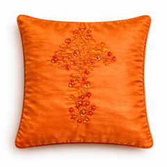 Hand Crafted Cushion Cover – Orange | 16"x16" | Poly Cotton | Embroidered Floral Design