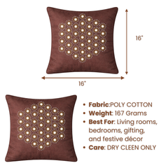 Handcrafted Brown Cushion Cover – 16"x16" | Pearl Starburst Embellished Design | Premium Poly Cotton