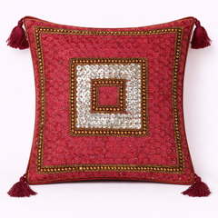 Handcrafted Red Cushion Cover – 16"x16" | Square Embellished Design with Tassels | Premium Poly Cotton