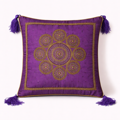 Handcrafted Purple Cushion Cover – 16"x16" | Royal Mandala Embroidery | Tassel Detailing | Premium Poly Cotton
