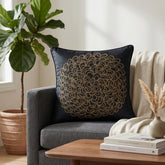Machine Crafted Black Cushion Cover – 16"x16" | Elegant Gold Floral Embroidery | Premium Poly-Cotton Decorative Cushion Cover