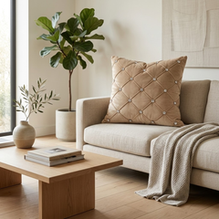 Hand Crafted Cushion Cover – Gold | 16"x16" | Poly Cotton | Diamond Button Tufted Design