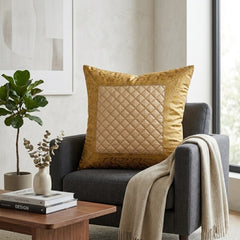 Fabric Crafted Cushion Cover – Gold | 16"x16" | Poly Cotton Fabric | Premium Quilted Center with Royal Textured Border