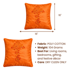 Hand Crafted Cushion Cover – Orange | 16"x16" | Poly Cotton | Embroidered Floral Design
