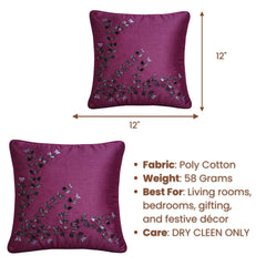 Hand Crafted Cushion Cover – Violet | 12"x12" | Poly Cotton Fabric | Embroidered Floral Vine Design