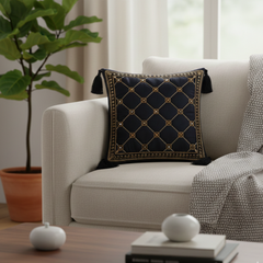 Handcrafted Black Cushion Cover – 12"x12" | Diamond Quilted Embroidery | Tassel Accents | Premium Poly Cotton