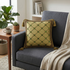 Hand Crafted Cushion Cover – Green | 12"x12" | Poly Cotton | Embroidered Diamond Pattern with Tassels