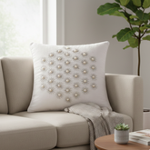 Handcrafted White Cushion Cover – 16"x16" | Pearl Starburst Embellished Design | Premium Poly Cotton