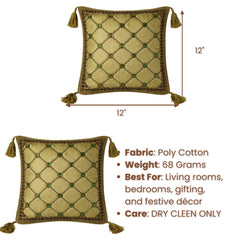 Hand Crafted Cushion Cover – Green | 12"x12" | Poly Cotton | Embroidered Diamond Pattern with Tassels