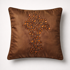 Hand Crafted Cushion Cover – Brown | 16"x16" | Poly Cotton | Embroidered Floral Design