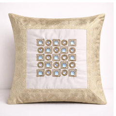 Hand Crafted Cushion Cover – White | 16"x16" | Poly Cotton | Geometric Embroidered Design