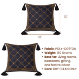 Handcrafted Black Cushion Cover – 12"x12" | Diamond Quilted Embroidery | Tassel Accents | Premium Poly Cotton