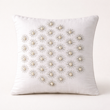 Handcrafted White Cushion Cover – 16"x16" | Pearl Starburst Embellished Design | Premium Poly Cotton